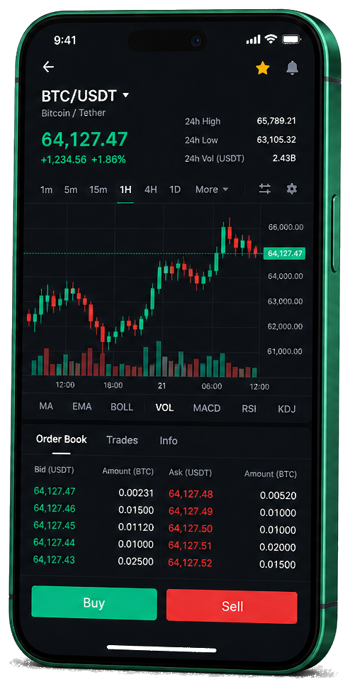 Application mobile Énergie Citoyenne — graphique BTC/USDT en direct, carnet d’ordres et outils de trading
